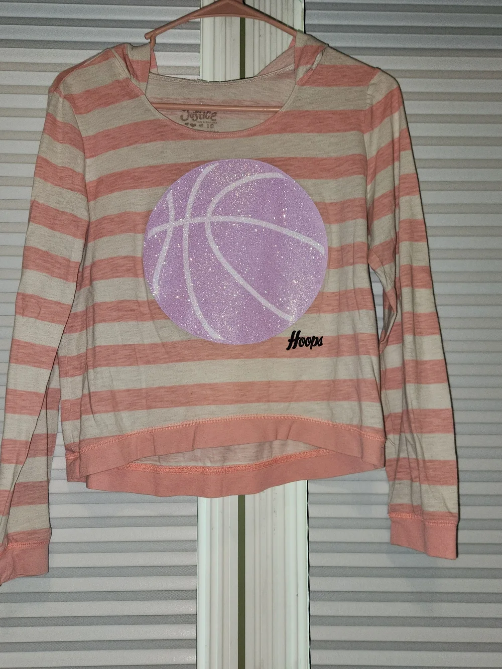 Justice Pink & White Striped Hoodie with Glitter Basketball